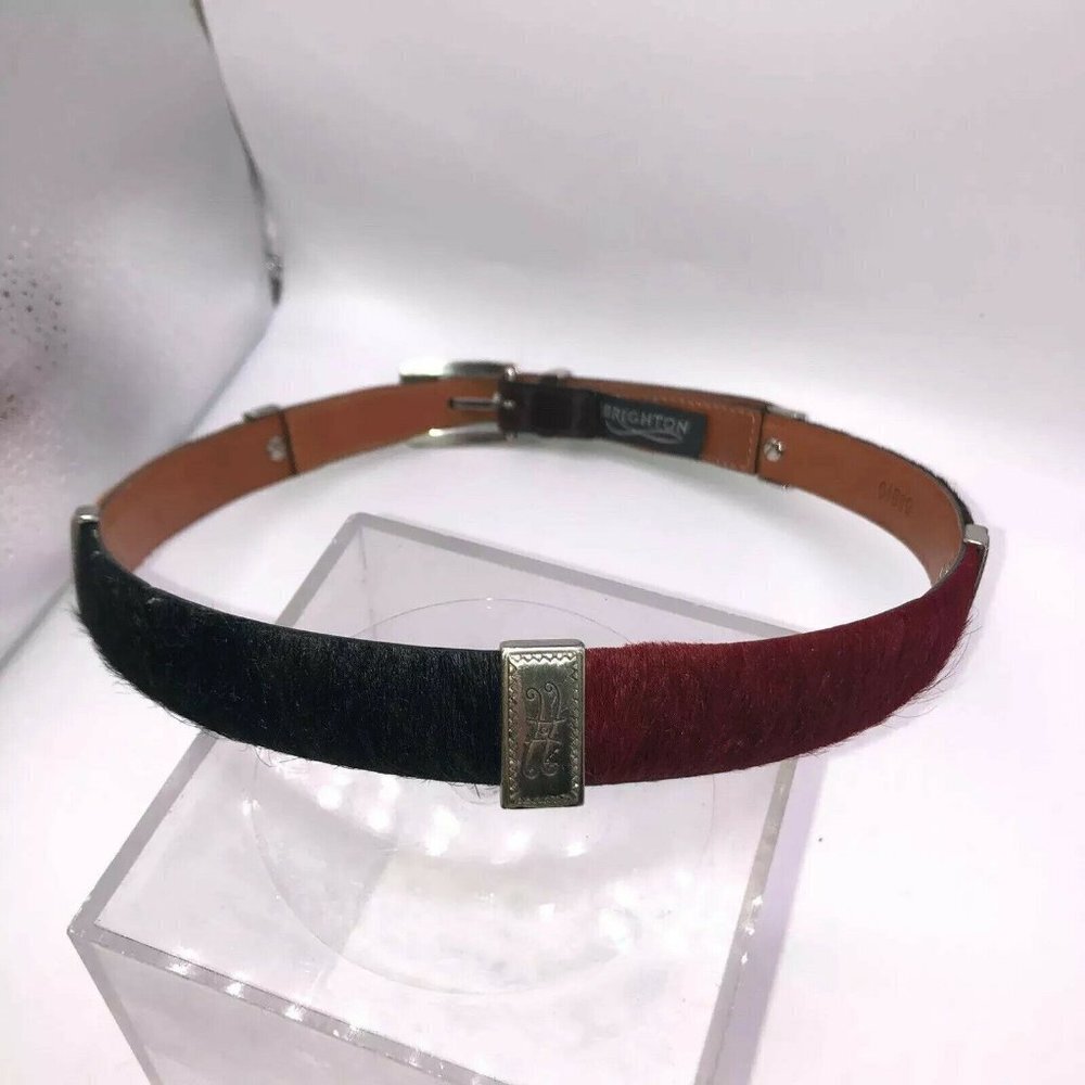 Brighton Two-Tone Black and Burgundy Haircalf Belt with Silver Accent